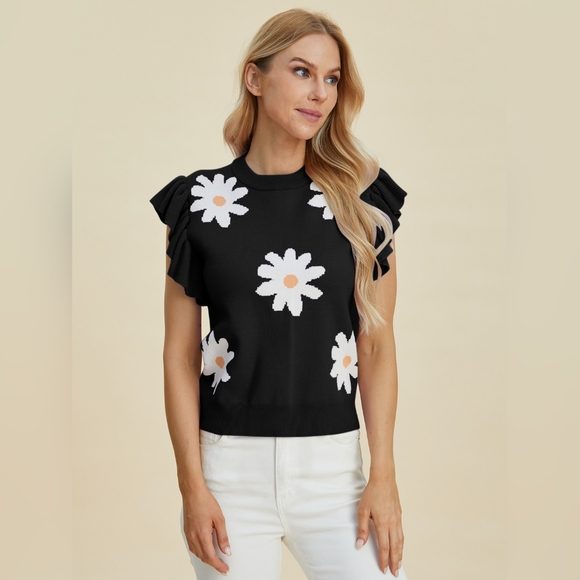 Double Take Full Size Ruffled Flower Round Neck Cap Sleeve Sweater - Picture 2 of 11